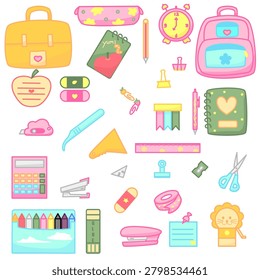 School supplies set, vector illustration, cartoon style, isolated for educational material, aducational worksheet 
