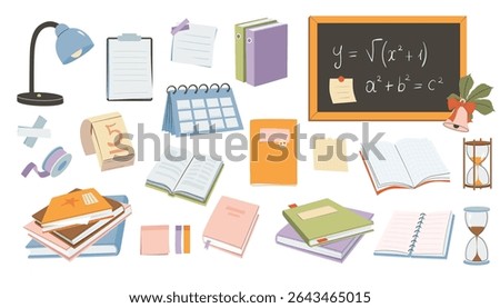School supplies set. Vector illustration for study, school, university. Back to school, collection of school stationery.