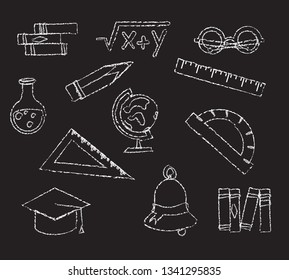 School supplies. Set of vector illustrations on blackboard