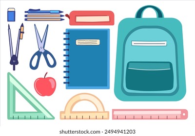 School supplies set. Vector illustrations. Stationery tools, Pen, pencil, ruler, backpack, notebook. 