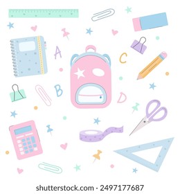 School supplies. Set of vector pastel colored stationery elements. Education concept. Ruler, eraser, pencil, scissors, tape, notebook, calculator, backpack, letters.