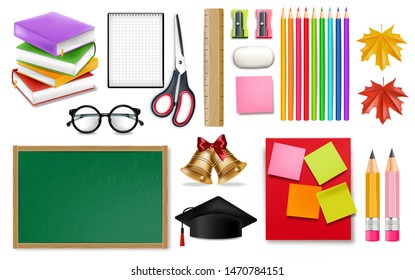 School supplies set Vector realistic. Crayons, ruler, notes detailed 3d illustration
