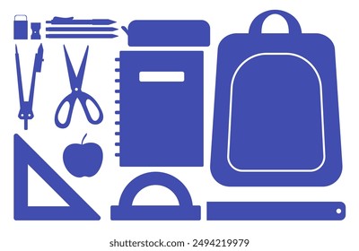 School supplies set. Vector silhouette illustrations. Stationery tools, Pen, pencil, ruler, backpack, notebook. 