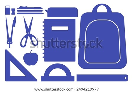 School supplies set. Vector silhouette illustrations. Stationery tools, Pen, pencil, ruler, backpack, notebook. 