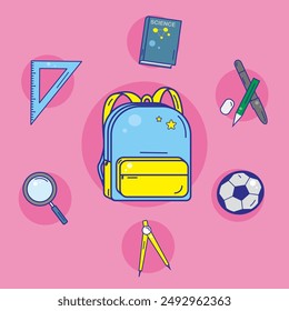 School supplies set vector.backpack,book,ball,pencils,eraser,ruler,magnifying glass,geometry compass.cartoon style,flat.suitable for icon,sticker,design need,etc