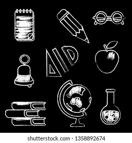 School supplies. Set of white chalk vector illustrations on blackboard. Outline style.