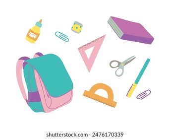 School supplies set.Cute stationery.Backpack, ruler, pencil.