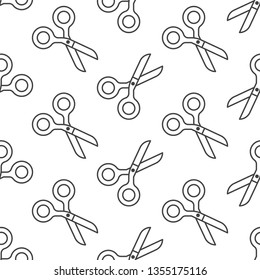 School supplies, sewing seamless pattern with line icons. Work tools background - scissors vector illustration. Black white wallpaper for stationery sale brochure.