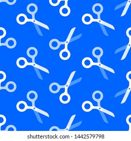 School supplies, sewing seamless pattern with flat icons. Work tools blue background - scissors vector illustration. Bright colored wallpaper for stationery sale brochure.