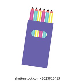 Die Schule bietet eine Shop-flache Zusammensetzung mit isoliertem Bild von bunten Bleistiften, die in violetter Vektorgrafik angeordnet sind