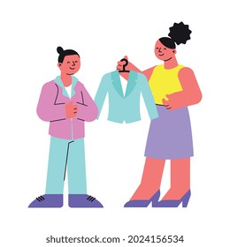 School supplies shop flat composition with character of mother buying smart jacket for her child vector illustration