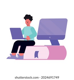School supplies shop flat composition with boy sitting on book with laptop and desktop computer vector illustration