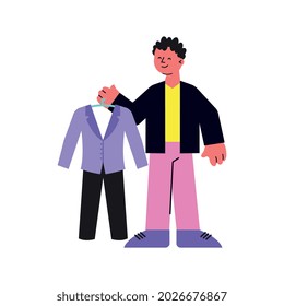 School supplies shop flat composition with happy boy character holding new bought suit vector illustration
