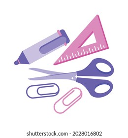 School supplies shop flat composition with isolated images of glue scissors triangle ruler and two paper clips vector illustration