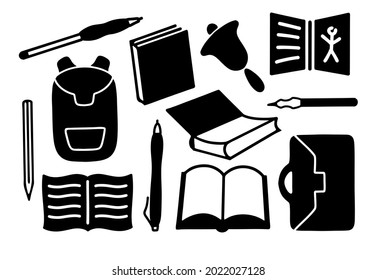 School supplies silhouette black and white for plotter cutting svg. Book textbook satchel pens pencils bell bell. svg