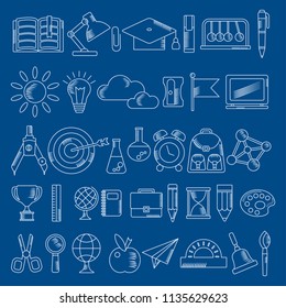 School supplies sketch handdrawn lines icons. Back to school. Flat vector cartoon illustration. Objects isolated.