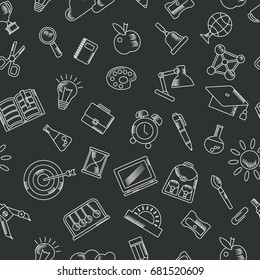 School supplies sketch handdrawn lines icons on black chalkboard texture. Back to school. Flat vector cartoon illustration. Objects isolated.