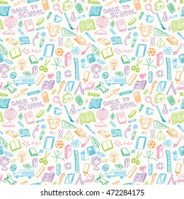 School Supplies Sketch Seamless Pattern In Doodle Style, Vector Illustration