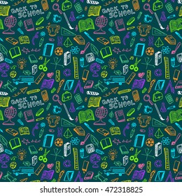 School supplies sketch seamless pattern in doodle style, vector illustration