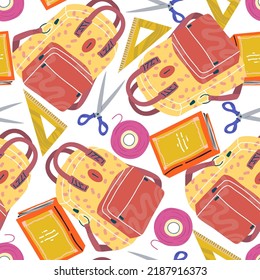 School supplies, sketchbook, scissors, ruler, school bag. Pattern. Light background, wallpaper. Flat vector illustration