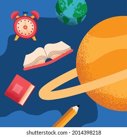 school supplies in the space set icons