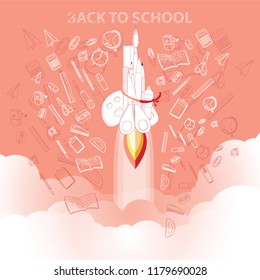 School supplies speed up over the clouds like a rocket with hand drawing style background, Back to School Concept Vector illustration