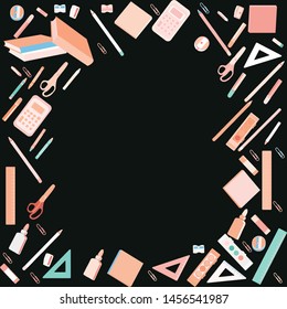 School supplies square border. Space for text. Black background. Vector