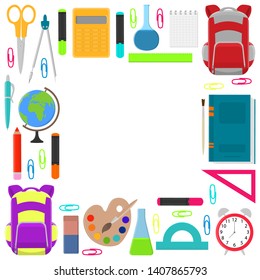 School supplies square frame on white background. Back to school. Vector illustration.