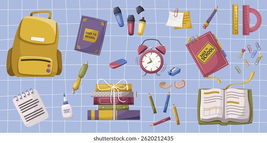 School supplies. Stacks of books, notebooks, writing supplies for the office and school. Back to school. Cartoon vector illustration