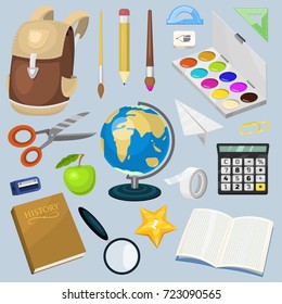 School supplies stationary educational backpack equipment vector illustration.