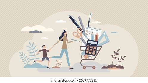 School supplies and stationary equipment for learning tiny person concept. Shop sale with education tools vector illustration. Full cart with pencils, pens, notepad and calculator vector illustration