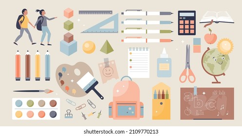 School Supplies And Stationary Items For Learning Tiny Person Collection Set. Kids Schoolbag Contents With Pen, Pencils, Water Colors, Scissors, Ruler, Glue And Other Elements Vector Illustration.