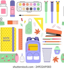 School supplies and stationary seamless pattern. Colorful stickers and doodles. Back to school concept. Vector background, wallpaper, digital paper.