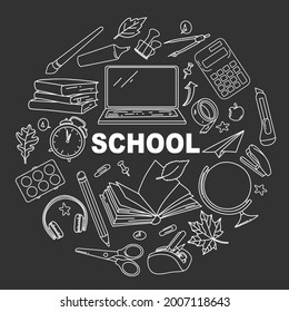 School supplies and stationery are arranged in a circle. Laptop, books and autumn leaves. White outline on a black background. Vector illustration. Doodle style.