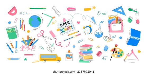 School supplies and stationery collection. Backpack and pencil case, stack of books, writing tools set. Education, back to school concept. Ideal for stickers. Vector illustration