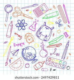 School supplies and stationery doodle set on the background of a sheet of notebook paper. School doodle collection. Hand drawn colorful supplies and children's creativity design elements. Vector 