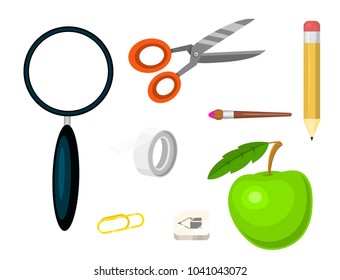 School supplies stationery educational backpack equipment learning office accessories vector illustration.