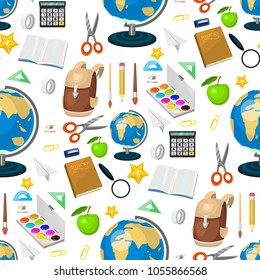 School supplies stationery educational backpack seamless pattern background equipment learning office accessories vector illustration.