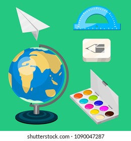 School supplies stationery educational backpack equipment learning office accessories vector illustration.