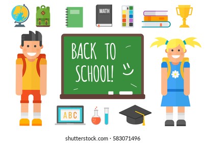 School supplies stationery equipment and schoolkid vector illustration.