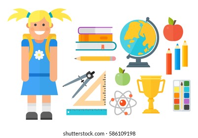 School supplies stationery equipment and schoolkid vector illustration.