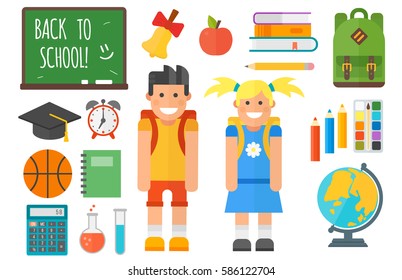 School supplies stationery equipment and schoolkid vector illustration.