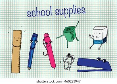 The school supplies. Stationery items cartoon characters. Hand drawn vector stock illustration