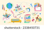 School supplies and stationery set. Backpack and pencil case, stack of books, writing tools, yellow bus. Education, back to school concept. Vector illustration isolated on background