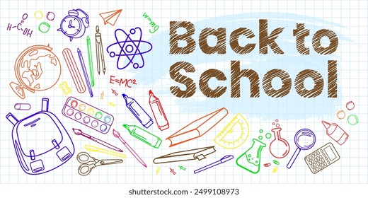 School supplies and stationery set line drawing effect chalk board on green background,sketch drawing vector illustration.Stationery and items for creative frame with blank sheet in the middle 