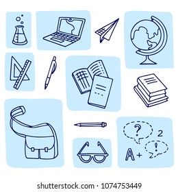 School supplies and stationery set of vector drawings for design and illustration.