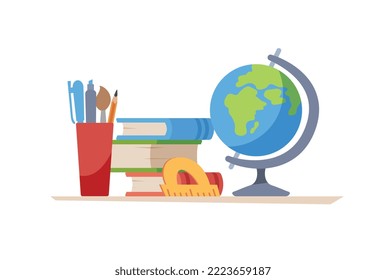 School supplies and stationery for studying, flat vector illustration isolated on white background. School supplies with globe for back do school concept.