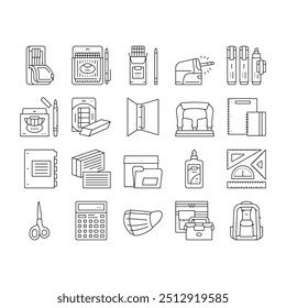 School Supplies Stationery Tools Icons Set Vector. Pencil And Market Package, Ruler And Scissors, Calculator Electronic Device And Backpack School Supplies Black Contour Illustrations