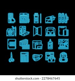 School Supplies Stationery Tools neon light sign vector. Pencil And Market Package, Ruler And Scissors, Calculator Electronic Device And Backpack School Supplies Illustrations