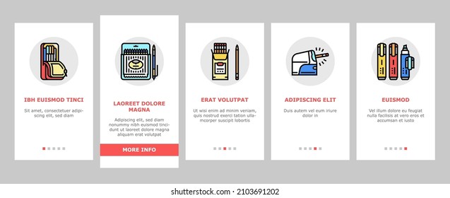 School Supplies Stationery Tools Onboarding Mobile App Page Screen Vector. Pencil And Market Package, Ruler And Scissors, Calculator Electronic Device And Backpack School Supplies Illustrations
